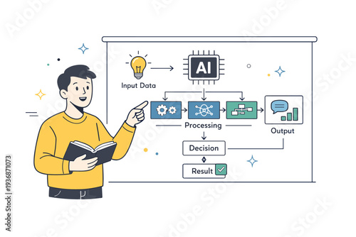 Human explaining AI. A character pointing at a simplified AI diagram on a screen, breaking down complex logic into clear steps. Friendly educational scene