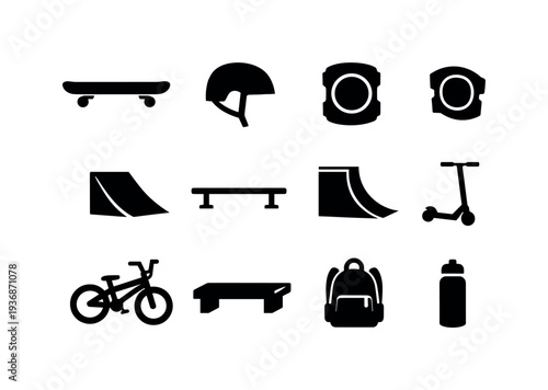 Collection of skateboarding and BMX silhouettes on a white background