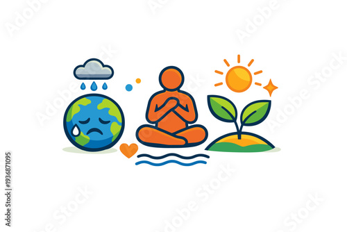 Eco grief balanced with resilience and mindful hope through a simple environmental symbol. A clean editorial illustration expressing emotional processing and