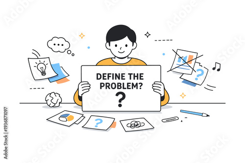 Define the problem. A person organizing notes and symbols into a clear central card, removing distractions around. Scene focuses on clarity, synthesis, and