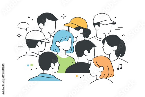 Faces partially obscured in a crowd. Simple characters overlap softly, with faces cropped by the frame or hidden behind others, expressing anonymity in public