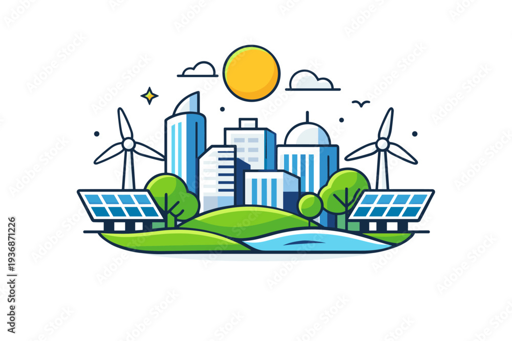 Naklejka premium Future cities highlighting renewable energy where solar panels and wind elements blend naturally into the cityscape, suggesting clean power and long-term urban