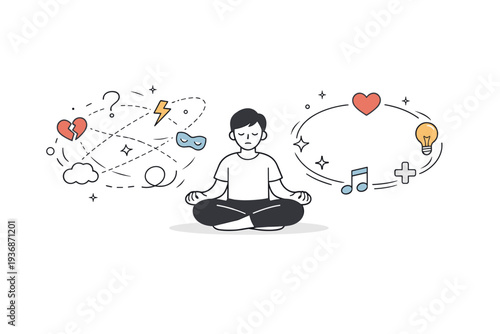 Identity formation metaphor. Abstract symbols orbit around a central character, gradually aligning into harmony. The illustration conveys self-discovery,