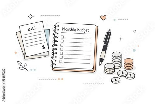 Monthly budgeting session. Notebook, pen, bills, and small coin stacks arranged from overhead, suggesting careful financial planning at home. Peaceful and