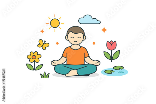 Spring mindfulness a calm figure sitting peacefully among simple spring elements, expressing inner balance, clarity, and gentle awareness of the present