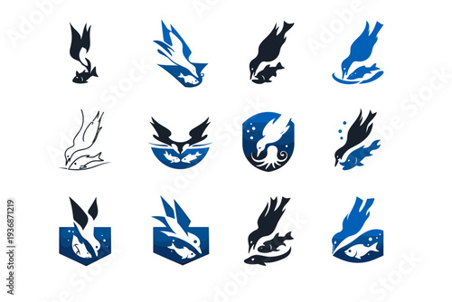 Seabirds hunting fish and marine animals. Icon set. Set Logo of Seabirds hunting fish and marine animals: seabird hunting underwater. harmonious logo