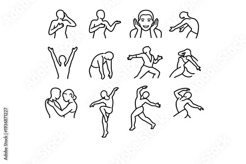 Dance Expression. Line icon set of Dance Expression: emotional gesture, storytelling pose, facial expression, open chest movement, reaching arms, tension