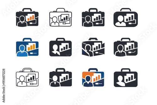 A person drafting a business proposal or pitch for an investor. Icon set. Set Logo of A person drafting a business proposal or pitch for an investor: briefcase