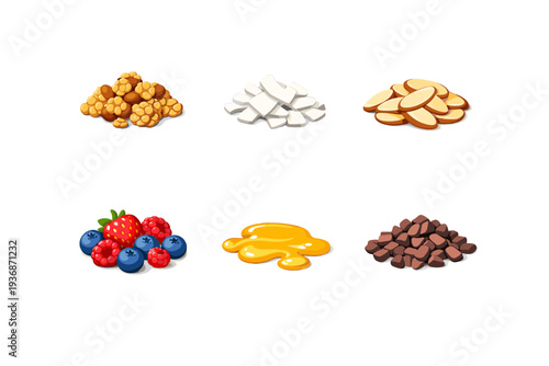 Smoothie Toppings. Isometric flat vector icons set of smoothie toppings: granola clusters, coconut flakes, sliced almonds, fresh berries mix, honey drizzle,