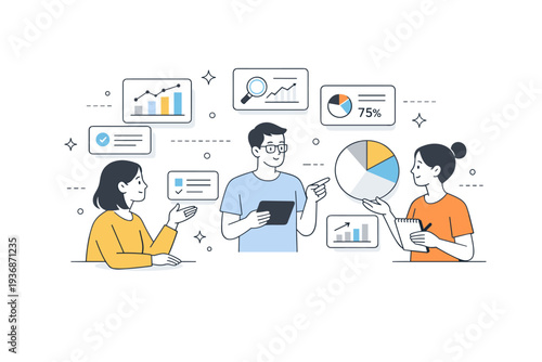 Data calm layouts. Team calmly discussing metrics around floating cards and pie charts, friendly collaboration and shared understanding of information.