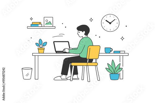 Silent home office. A character sitting quietly in a minimal workspace with no visible notifications or messages. The illustration suggests calm productivity