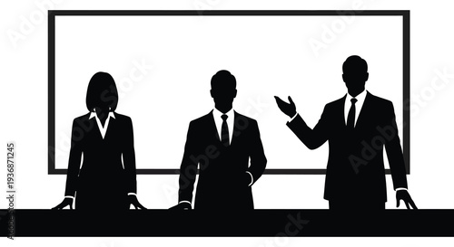 Three business professionals in silhouette stand before a blank white screen presenting ideas high quality professional