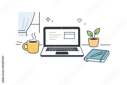 Hybrid work morning routines. Minimal morning desk setup with laptop, coffee mug, notebook, and soft window light. Calm focused start of the day balancing home