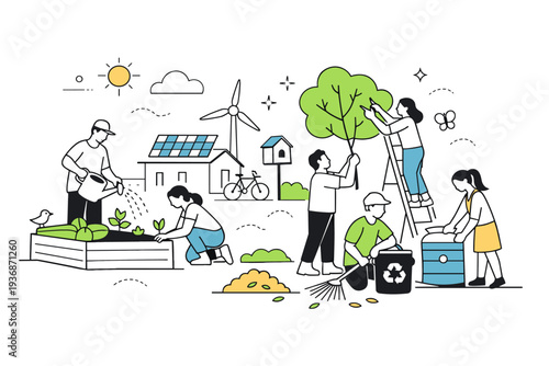 Sustainable neighborhood life. People caring for shared green spaces and simple infrastructure together, expressing long-term resilience. Calm teamwork,