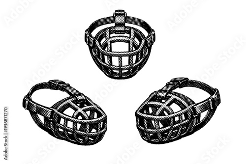 Pet muzzle accessory with structured form shown from front view, side view, and three-quarter view as a single object set. Black and white dot style with