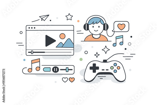 Online entertainment. Abstract leisure dashboard combining video, music, and game symbols in a harmonious layout. Editorial metaphor for modern digital fun and