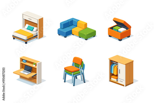Tiny house furniture. Isometric flat vector icons set of tiny house furniture: murphy bed, modular sofa blocks, storage ottoman, fold-down desk, stackable