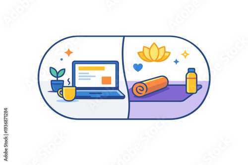 Work life integration expressed through a split screen scene where a laptop and a yoga mat share the same soft rounded frame. The illustration suggests