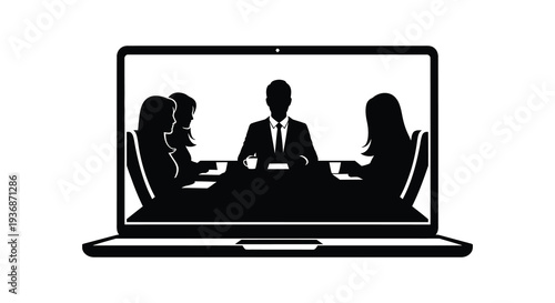 A black silhouette of a business meeting displayed on a laptop screen representing virtual collaboration