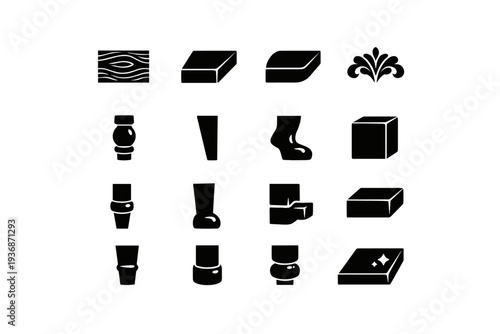 Wooden Furniture Details. Solid icon set of Wooden Furniture Details: wood grain texture, beveled wood edge, rounded wood edge, carved detail, turned detail,