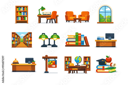 Library Interior. Colorful flat vector icons set of Library Interior: tall bookshelves, reading desk, chair seating, library windows, aisle perspective, study