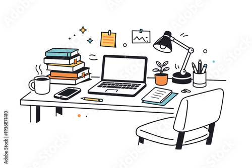 Lived-in spaces realism. Cozy room with a slightly cluttered desk, laptop open, books stacked unevenly, and a chair pulled back casually. Natural, imperfect