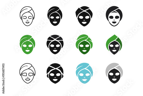 Using face masks for rejuvenation. Icon set. Set Logo of Using face masks for rejuvenation: face with cosmetic mask. harmonious logo variations of the same