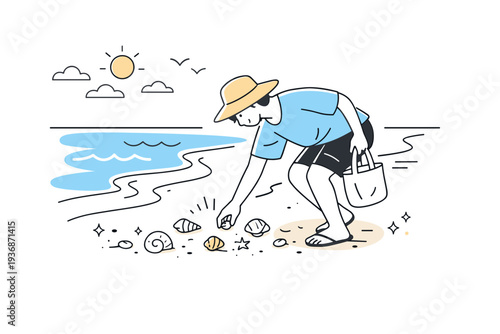 Shell collecting on beaches. A relaxed walk along the shoreline with shells visible in the sand, person scanning the ground thoughtfully. Slow pace and