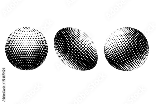 Halftone dotted circular form represented as one standalone object shown in straight-on view, angled view, and three-quarter perspective for dimensional