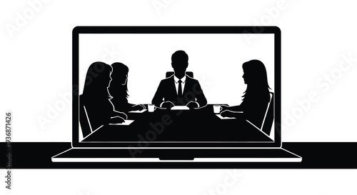 A laptop displaying a silhouetted business meeting with four professionals around a table high quality professional