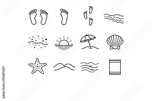 Beach Footprints. Line icon set of Beach Footprints: barefoot footprints in sand, single footprint, trail of footprints, shoreline waves, wet sand texture, sun