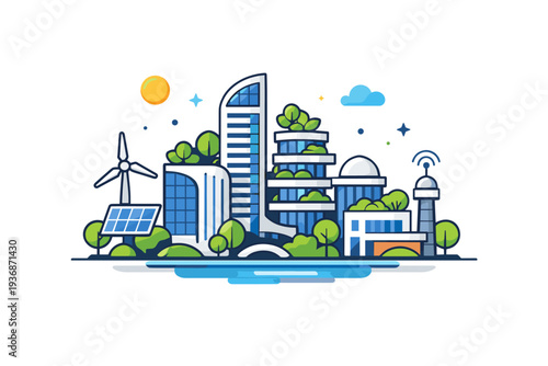 Future cities envisioned as a compact skyline of smart buildings with integrated greenery and clean energy elements, expressing balance between technology,