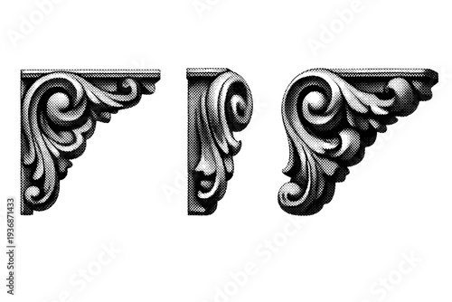 Decorative corner accent element object shown in three views including front view, side view, and angled view emphasizing scroll-like curves and dimensional