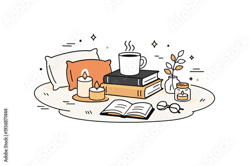 Home hygge lifestyle scene. A calm evening setup with candles, pillows, books, and a soft rug, creating a sense of warmth and slow living. Gentle, relaxing