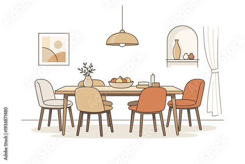 Quiet luxury dining interior. A minimal dining area with a simple table, modern chairs, and natural light creating soft highlights. The scene conveys calm