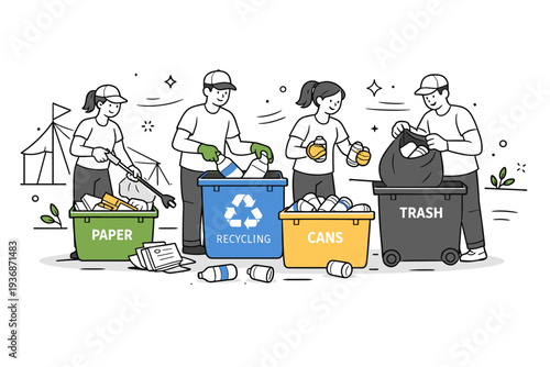 Sustainable festival cleanup operations. A calm editorial scene of volunteers sorting trash and recyclables after a festival, showing teamwork and
