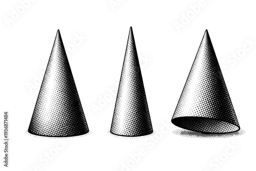 Black white dot vector cone. A symmetrical cone vector object is displayed in three views: front view, side view, and three-quarter perspective view,
