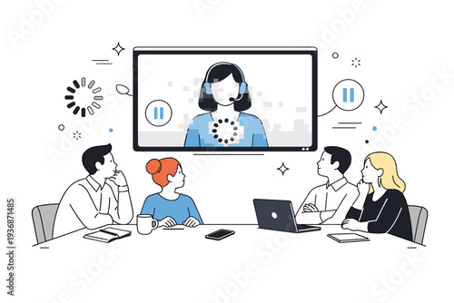 Conference room Zoom lag. A calm editorial scene of people sitting in a meeting room while a video call freezes on a large screen. The mood feels awkward but