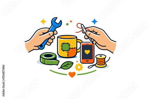 Repair culture celebrating fixing everyday objects instead of replacing them as a mindful and sustainable habit. A confident visual metaphor of care,