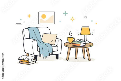 Cozy reading corners aesthetics. A clean editorial scene with a comfortable armchair, soft blanket, small side table, books, and a warm lamp, creating a calm