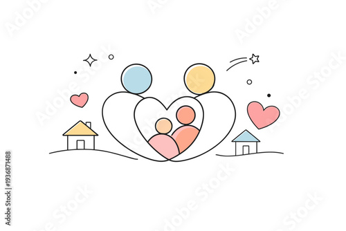 Family time. Abstract minimalist background inspired by connection and togetherness, with heart-like shapes, soft curves, and symbolic home icons floating