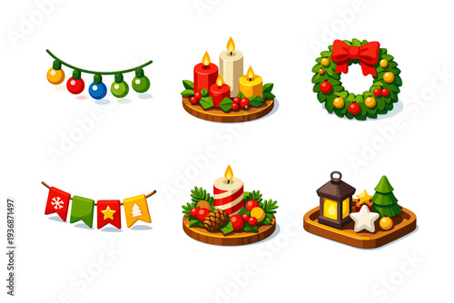 Holiday mood. Isometric flat vector icons set of holiday mood: string lights, decorative candles, festive wreath, wall garland, tabletop centerpiece,
