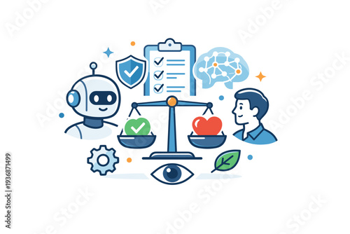 Artificial intelligence and machine learning representing ethical and responsible technology use. A balanced and thoughtful scene conveying transparency, trust