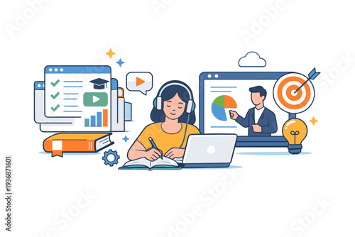 E learning platforms representing structured courses, interactive content, and guided self paced study. A modern and confident scene expressing clarity, focus,