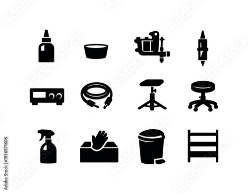 Collection of black icons representing tattoo studio equipment and supplies