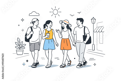 Relaxed summer social life aesthetics. Friends walking together through a sunlit street, relaxed posture and gentle motion. Unstructured time and shared