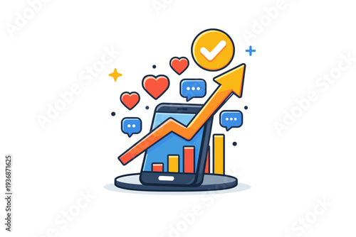 Social media marketing expressing brand growth and audience connection through a compact scene of a smartphone with rising engagement icons like hearts