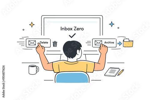 Inbox zero routine. A person archiving and deleting emails one by one, a nearly empty inbox screen in front of them. The scene conveys satisfaction and
