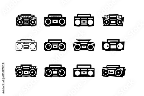 Urban dance culture and street performances. Icon set. Set Logo of Urban dance culture and street performances: boombox speaker. harmonious logo variations of