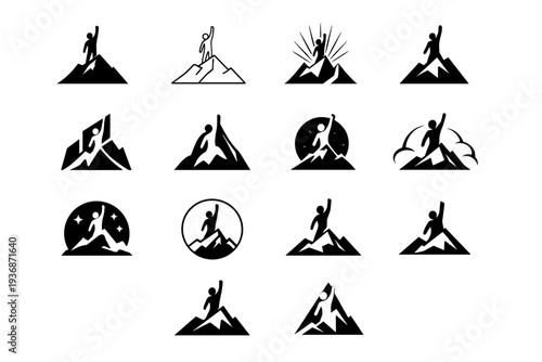 reaching for the sky. Icon set. Set Logo of reaching for the sky: mountain peak. harmonious logo variations of the same emblematic concept, each with different